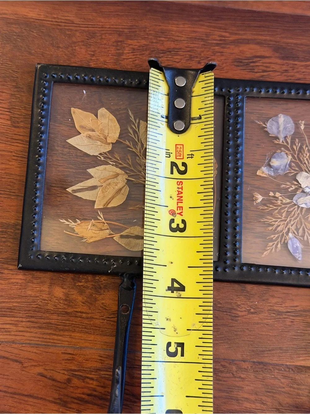 Vintage Unique Pressed Flowers In Glass Wall Wrought 3 Iron Hooks 10x3.5”